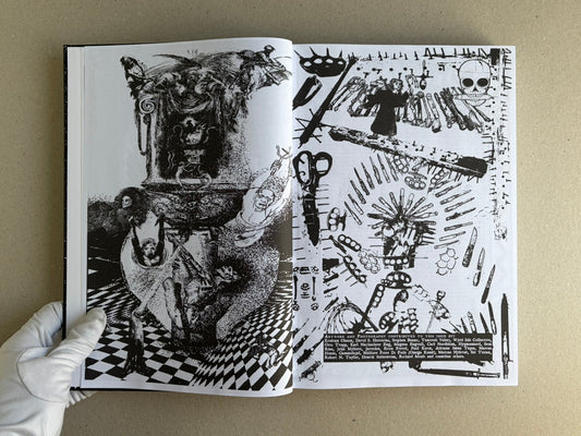 Open spread from GIFTNÅLEN no 1 by Kristian Olsson, showing black-and-white collage illustrations and dense graphic marks across both pages.