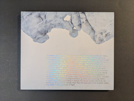 Back cover of Glass Mountain by Michael Lundgren photobook with foiled text and rock image