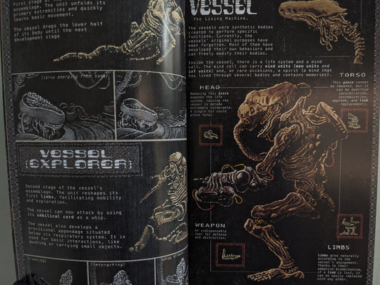 Illustrated page from Godhusk – rebirth showing pixel-style vessel anatomy