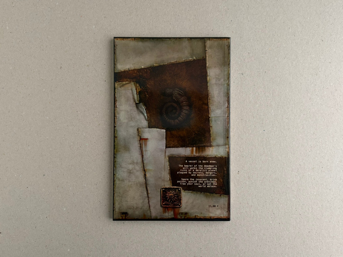 Back cover of Godhusk – Rebirth by Plastiboo, with a lore excerpt and symbolic emblem