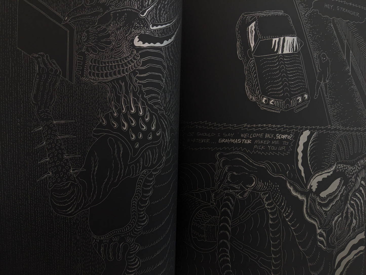Comic-style page from Grayworld with alien characters interacting in a sci-fi narrative scene.
