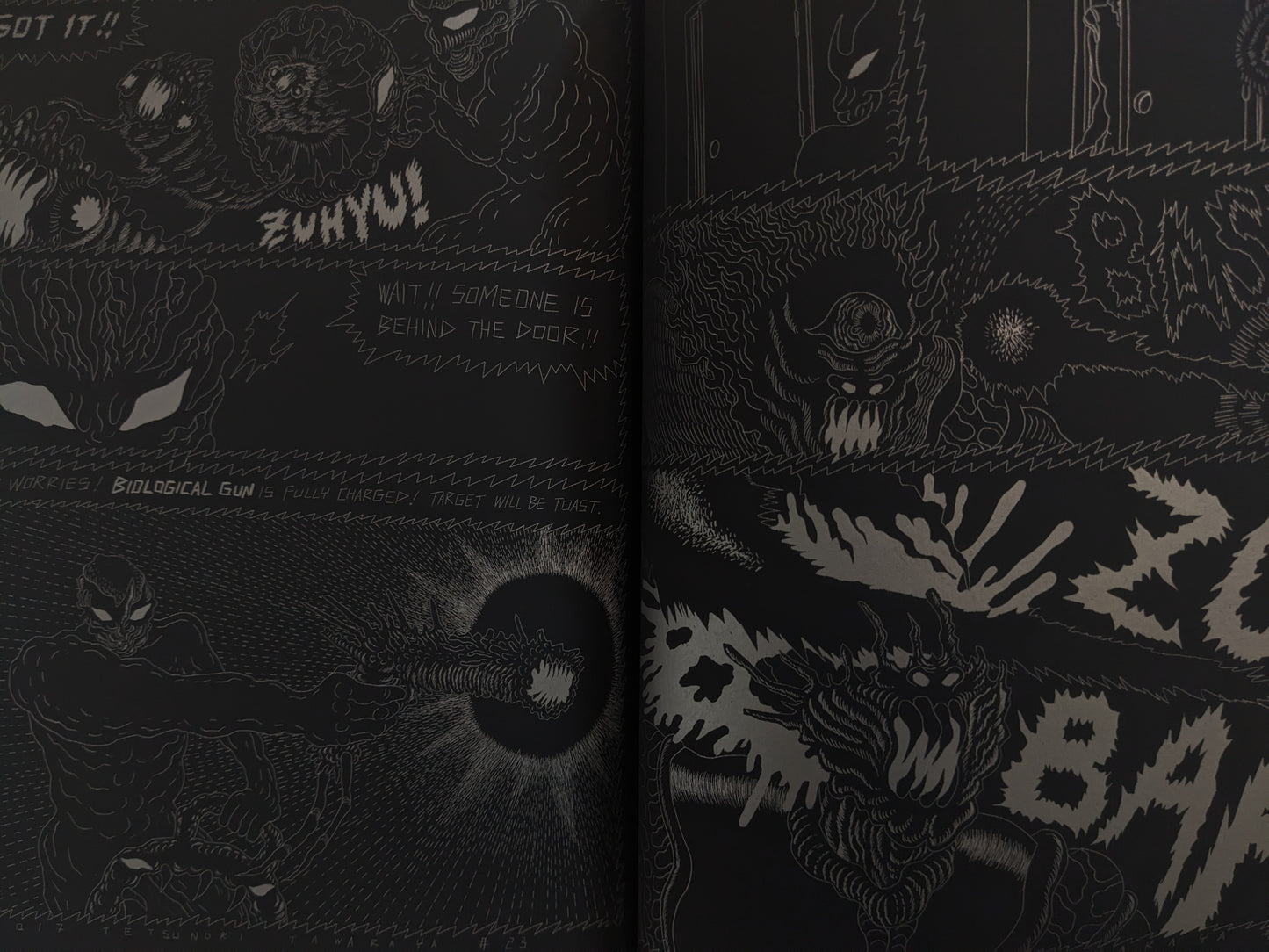 Action panel from Grayworld showing monsters and energy blasts with stylized sound effects and silver details.