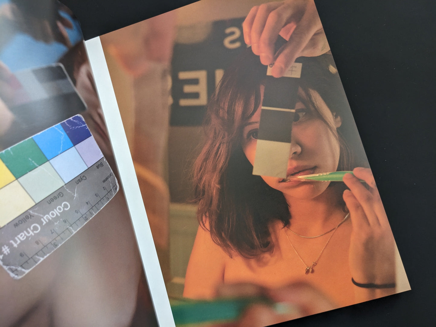 Close-up portrait of a woman holding a color chart to her lips, from Grey Cards by Richard Kern