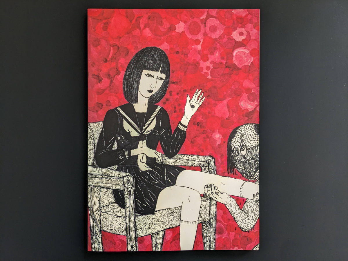 Back cover of 'Heartbreak Reincarnation' by Daisuke Ichiba depicting of a woman with a red background