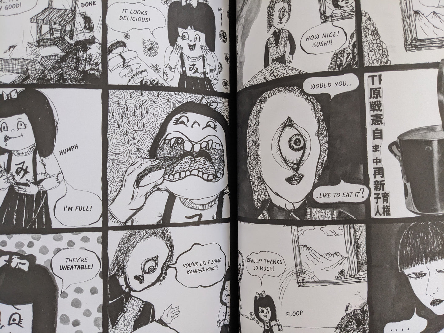 Surreal manga art from 'Heartbreak Reincarnation' showing grotesque expressions and food imagery