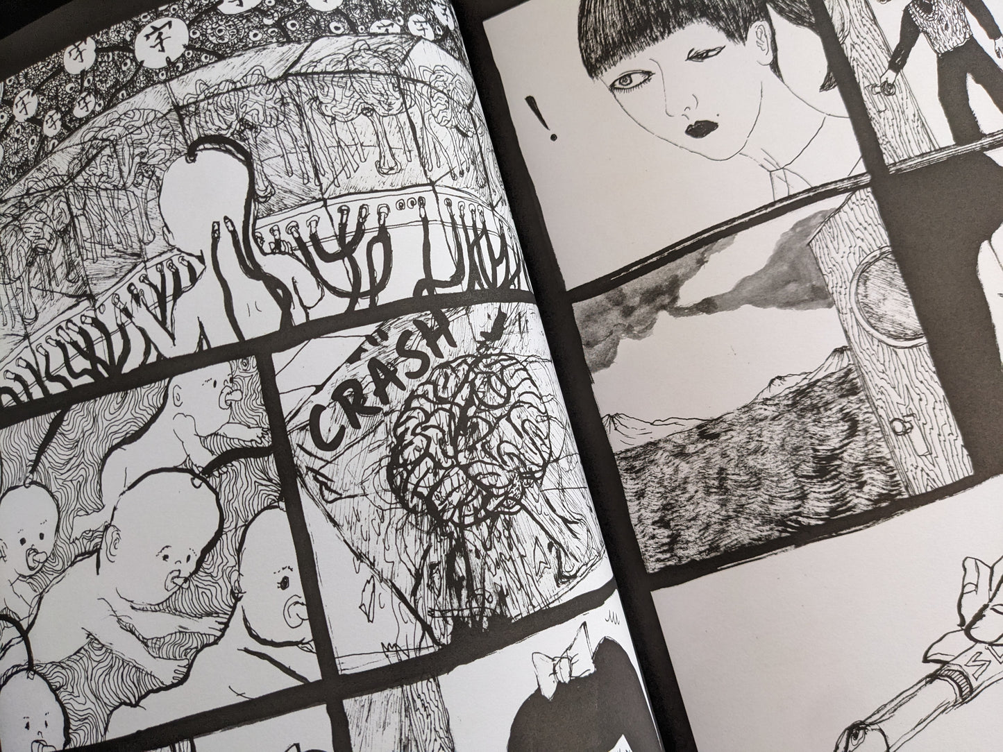 Chaotic and dreamlike panel from 'Heartbreak Reincarnation' depicting babies and landscapes