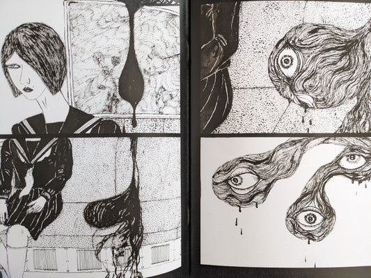 Interior page from 'Hospital Train' by Daisuke Ichiba with a girl in a school uniform and abstract forms.