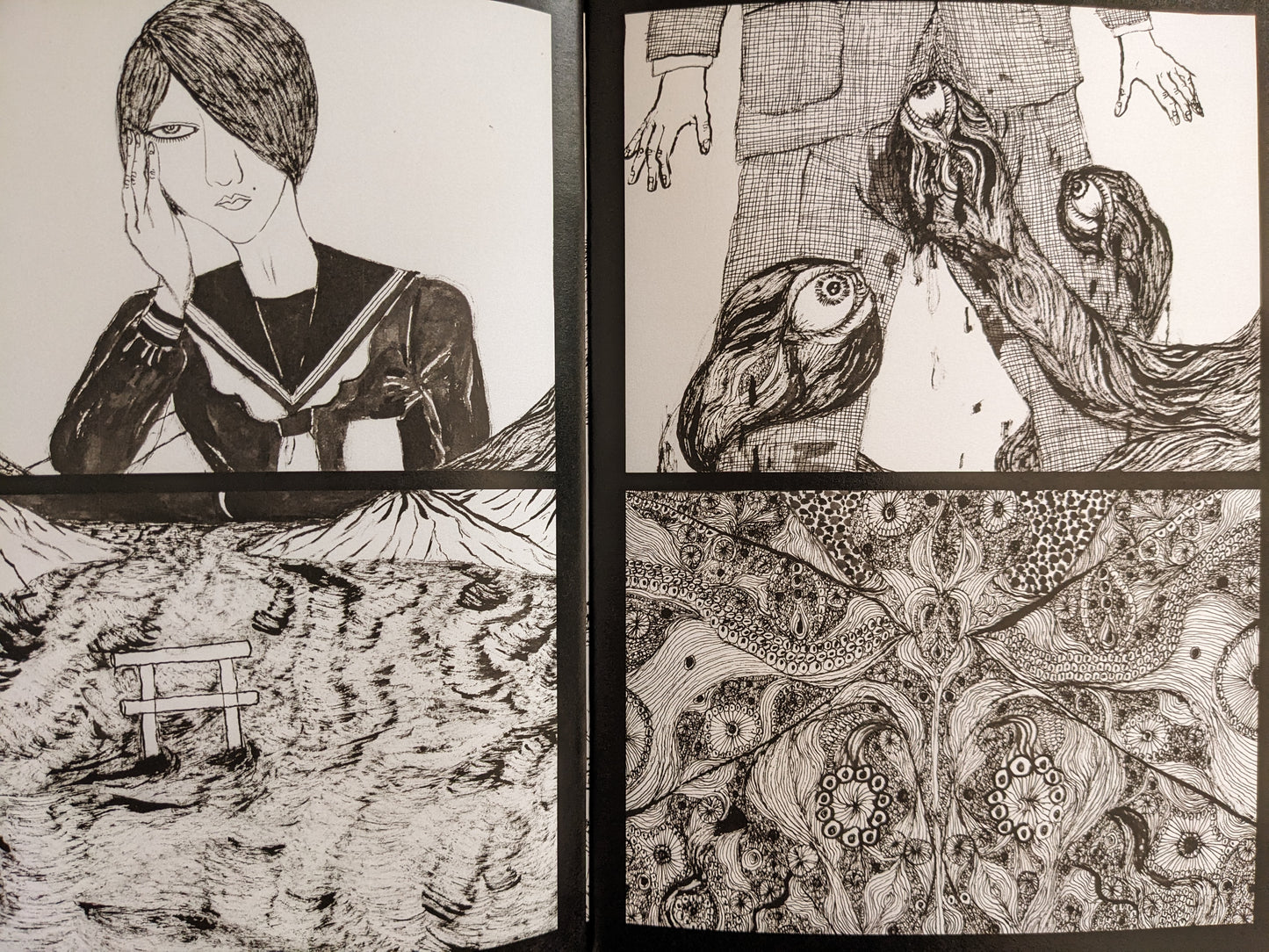 Interior spread from 'Hospital Train' by Daisuke Ichiba showing surreal eyeball creatures and intricate patterns.
