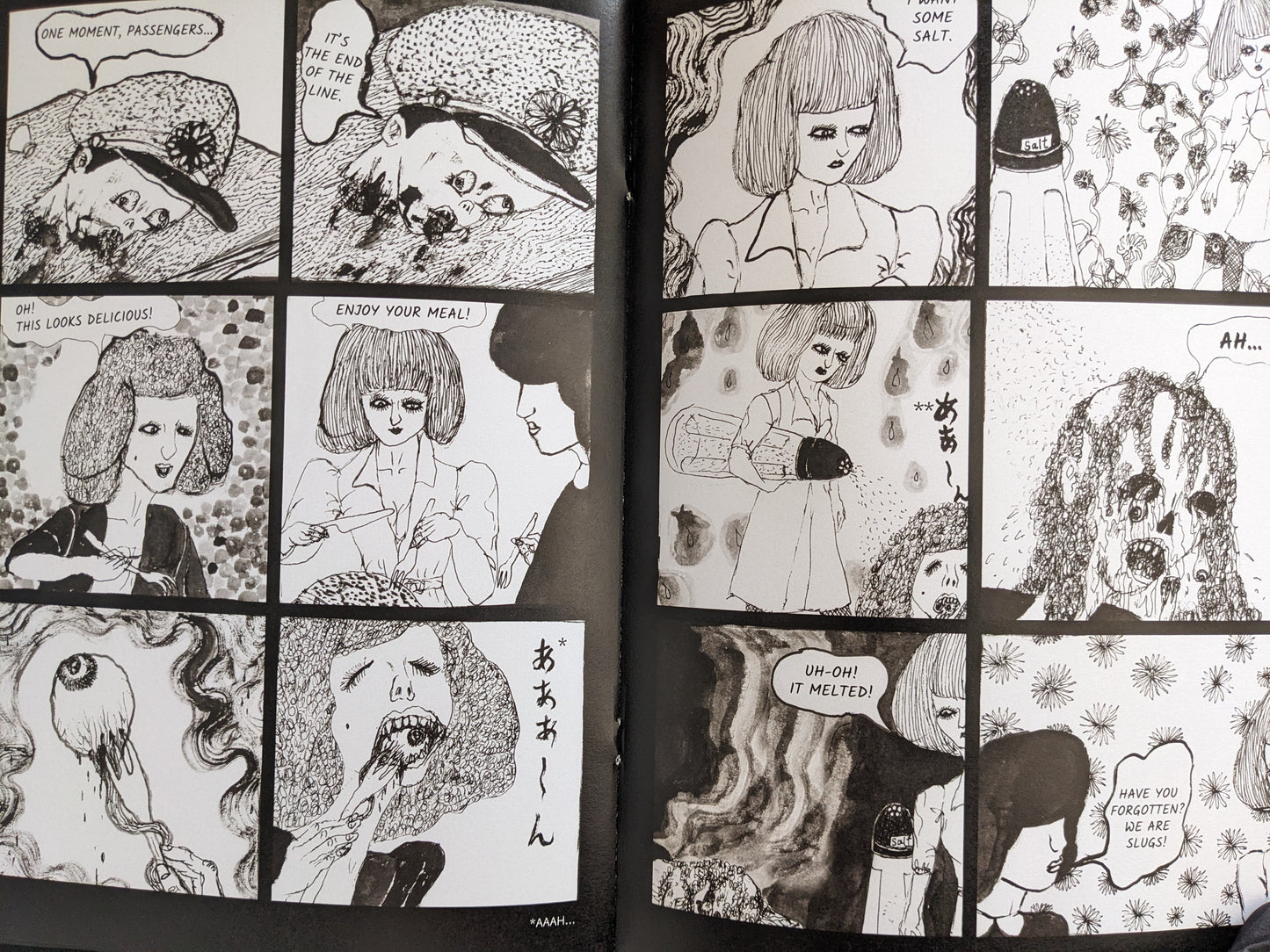 Interior page from 'Hospital Train' by Daisuke Ichiba showing grotesque transformation and absurd dialogue.
