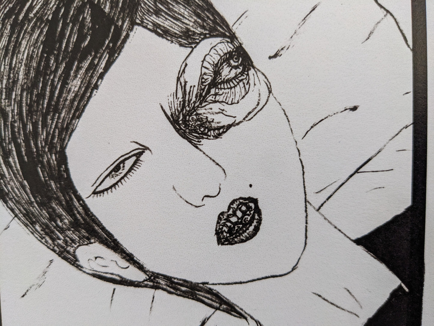 Close-up from 'Hospital Train' by Daisuke Ichiba with a surreal eye emerging from a woman's face.