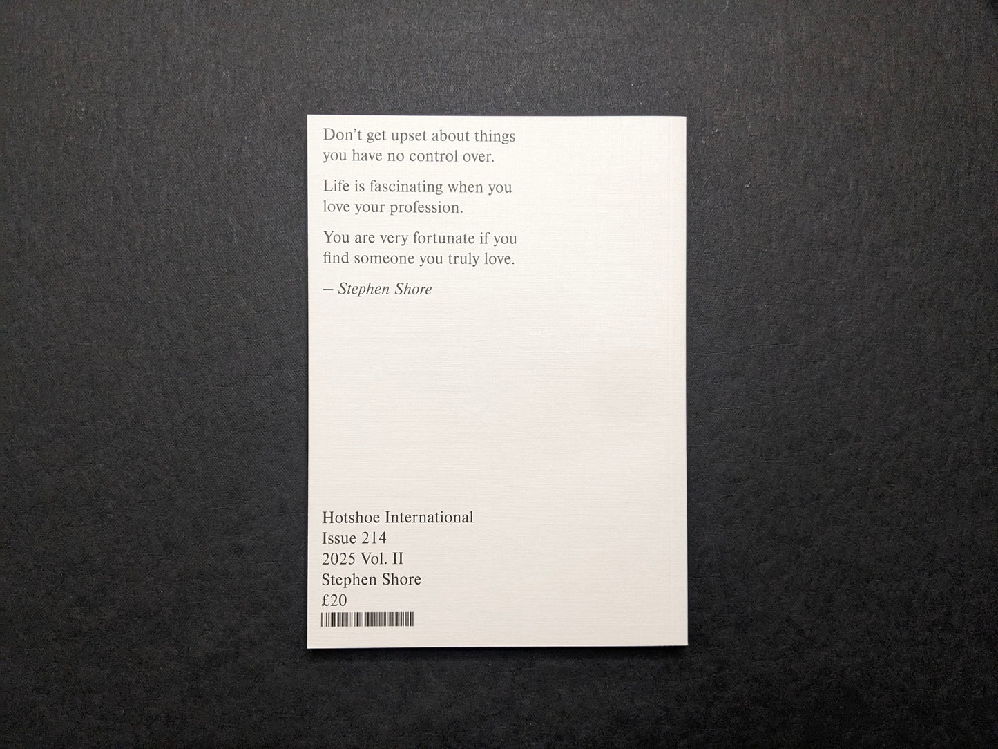 Back cover of Hotshoe Issue 214: Stephen Shore with printed text, issue details, barcode, and price.