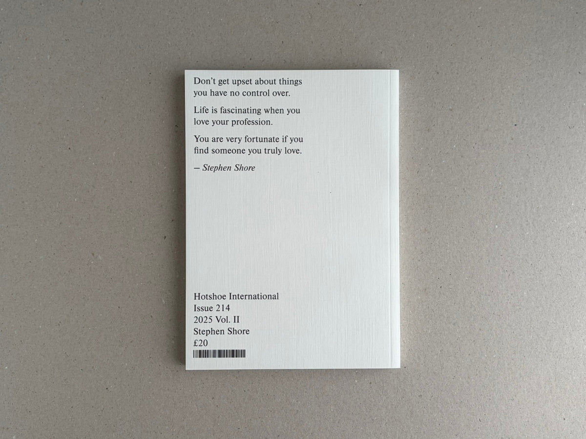Back cover of Hotshoe Issue 214: Stephen Shore, with a Stephen Shore quotation and issue details