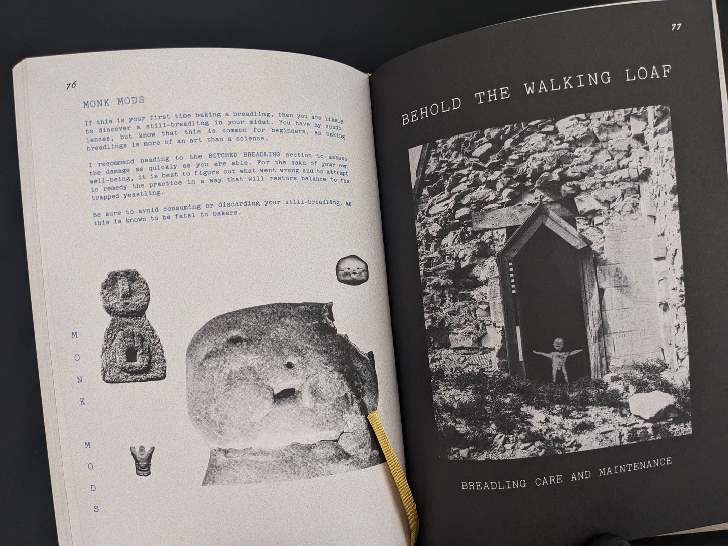 Spread showing breadling care and maintenance with surreal illustrations