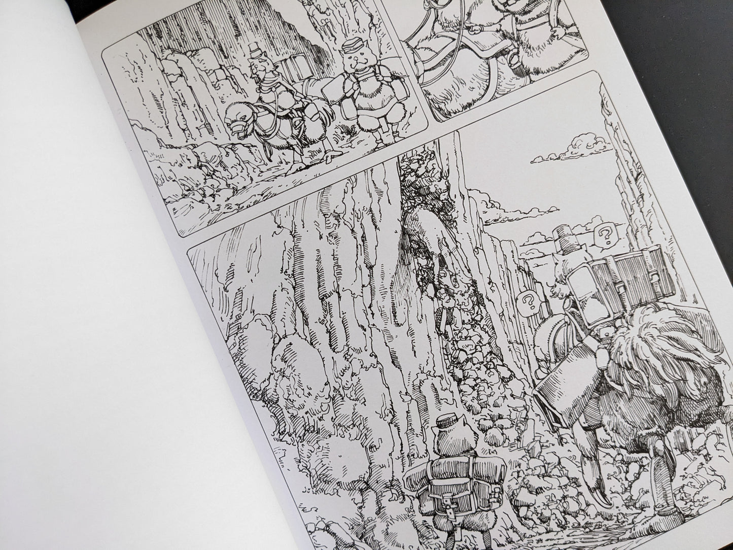 Page from Industrial Revolution and World War showing soldiers on camel-like creatures in a canyon