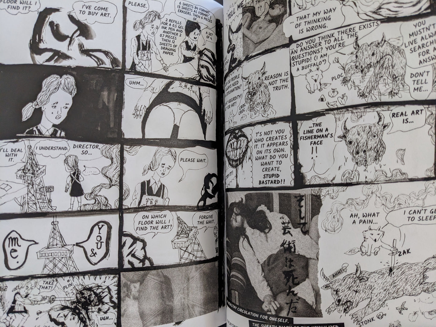 Double spread from "KSKHH" with manga-inspired characters and bizarre emotional scenes