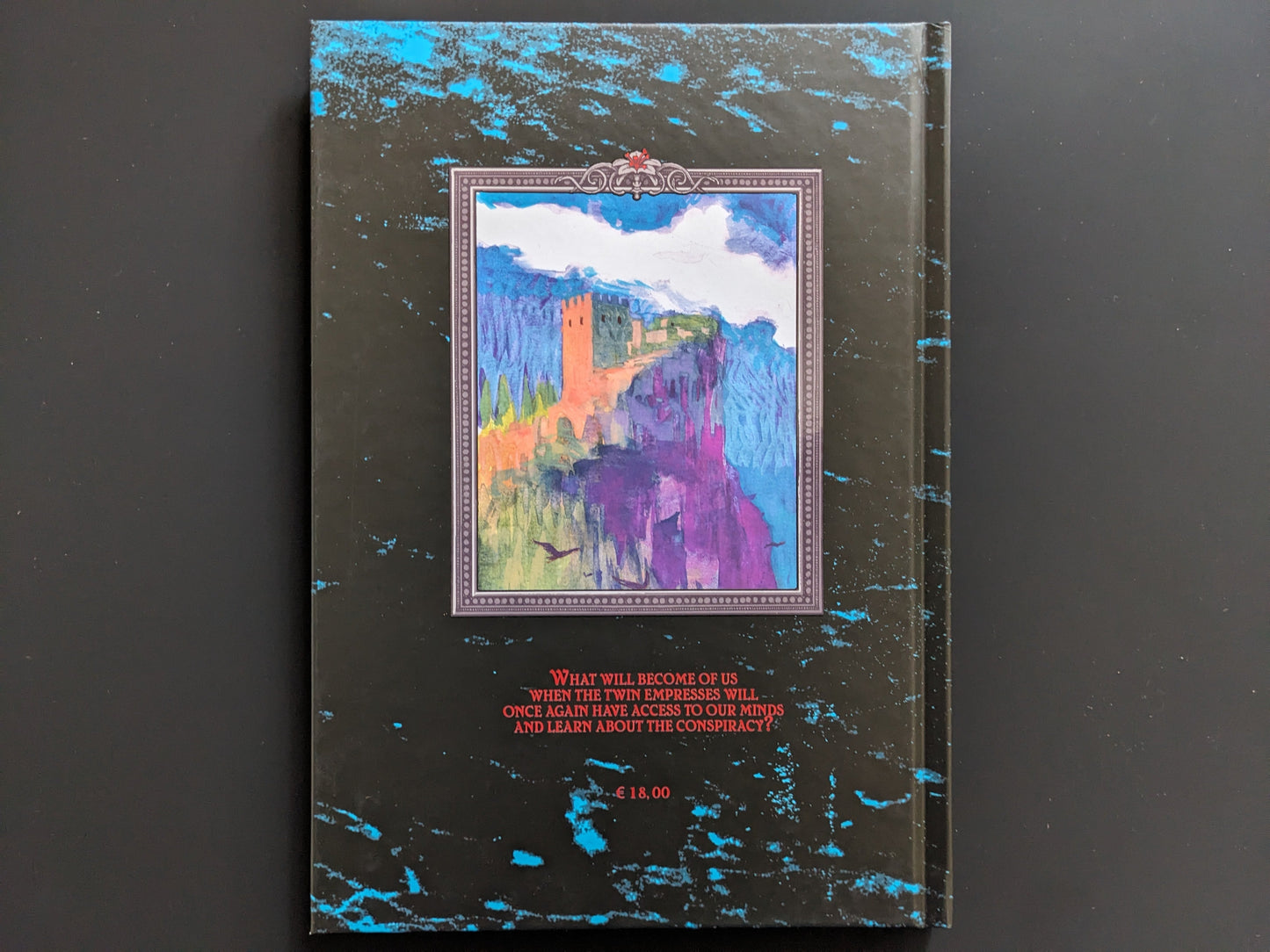 Back cover of "Leyre" by Nicolò Pellizzon showing abstract painted artwork and text excerpt