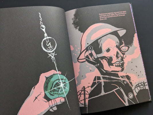 Interior page from Leyre showing skeletal soldiers and war imagery