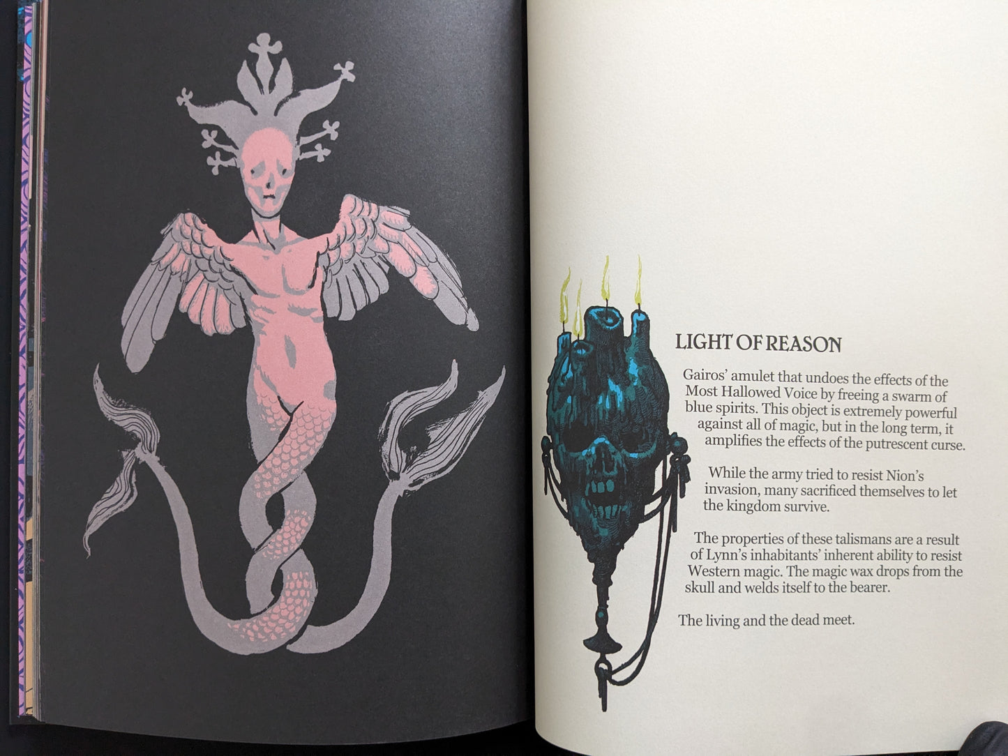 Page from "Leyre" by Nicolò Pellizzon showing surreal winged serpent figure and the "Light of Reason" amulet description