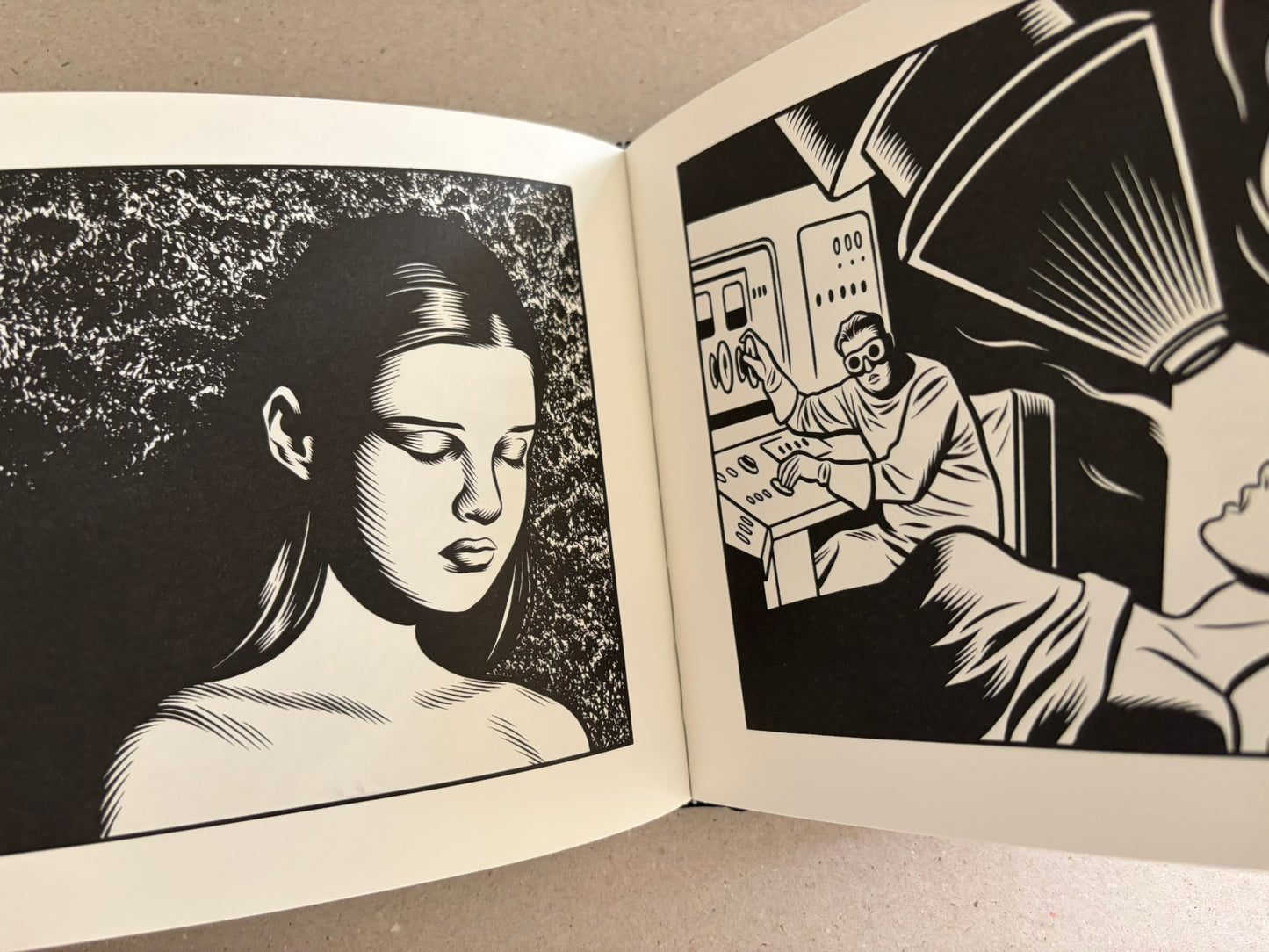 Black-and-white spread from Love Nest by Charles Burns showing a woman’s face and a man working at a console.