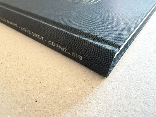 Close view of the cloth-bound spine and cover edge of Love Nest by Charles Burns.