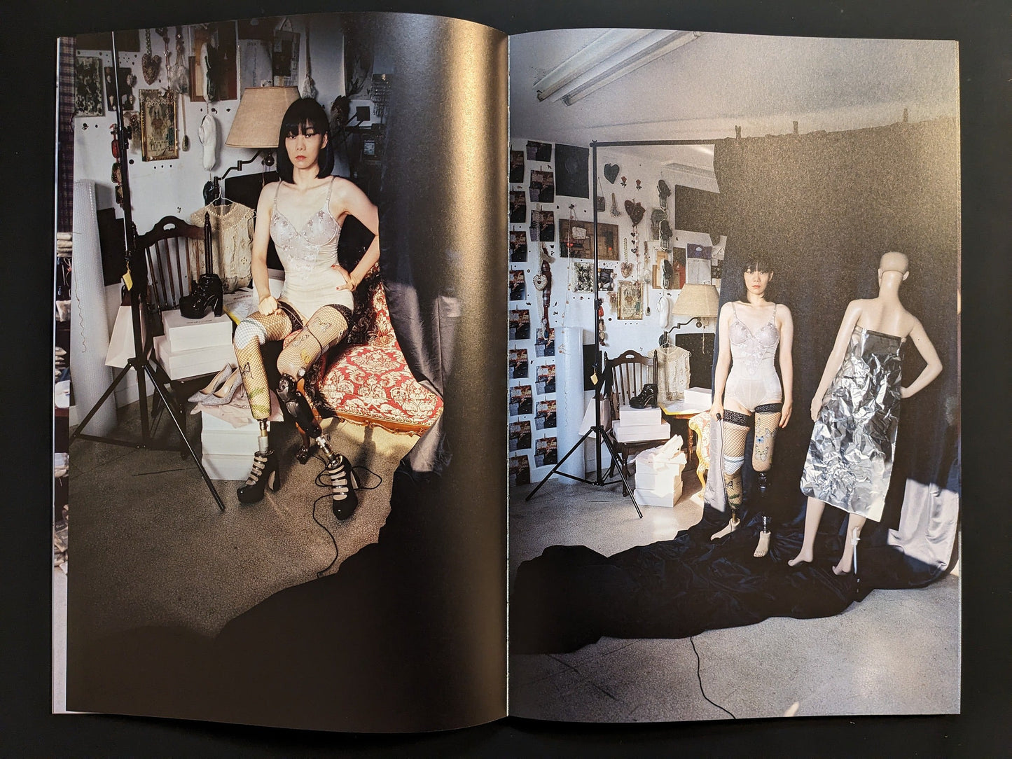 Mari Katayama photographed among her textile sculptures and self-made prosthetics in her home studio.