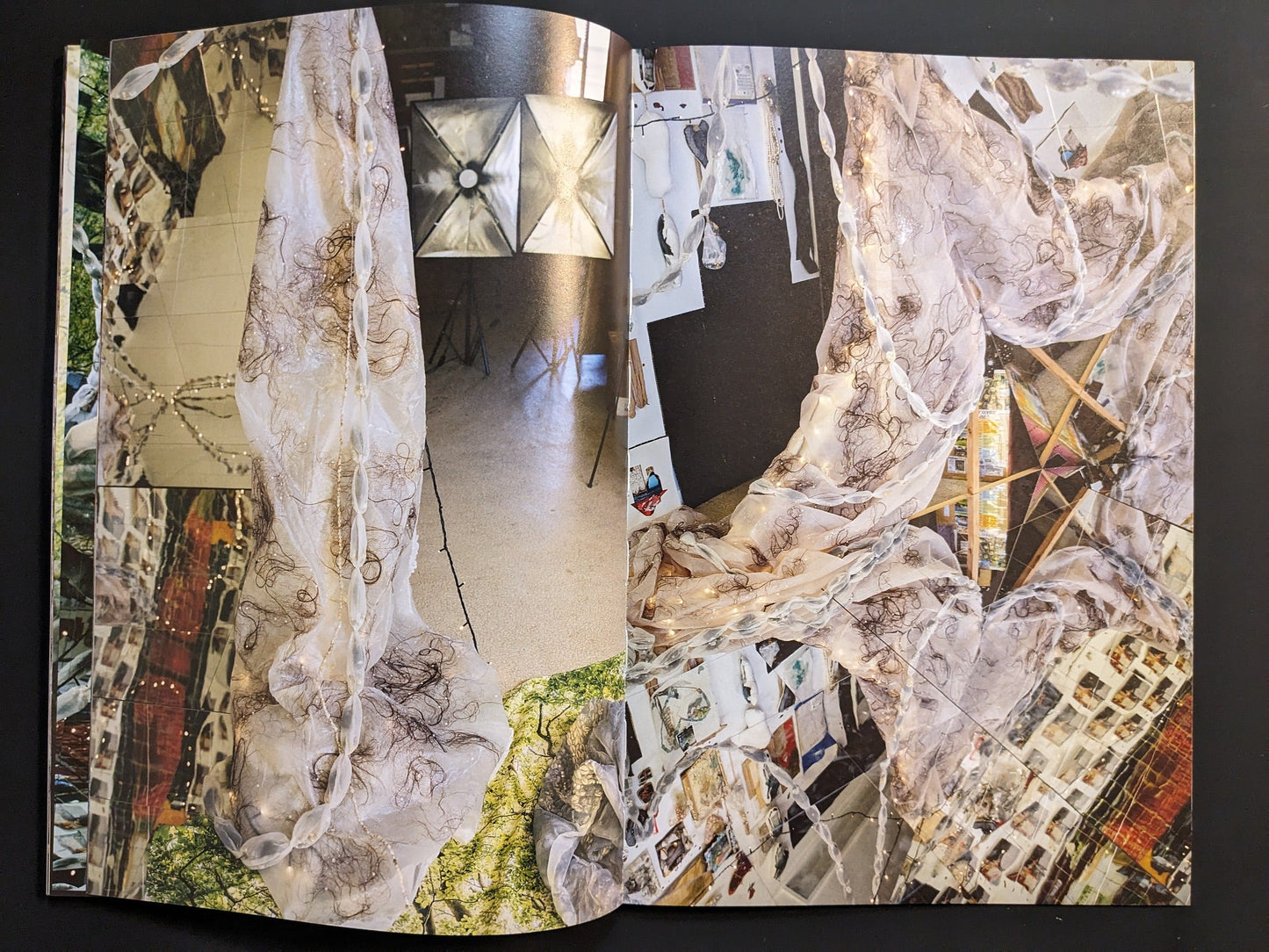 Detailed photograph of layered textile forms and transparent fabric structures from Synthesis by Mari Katayama.