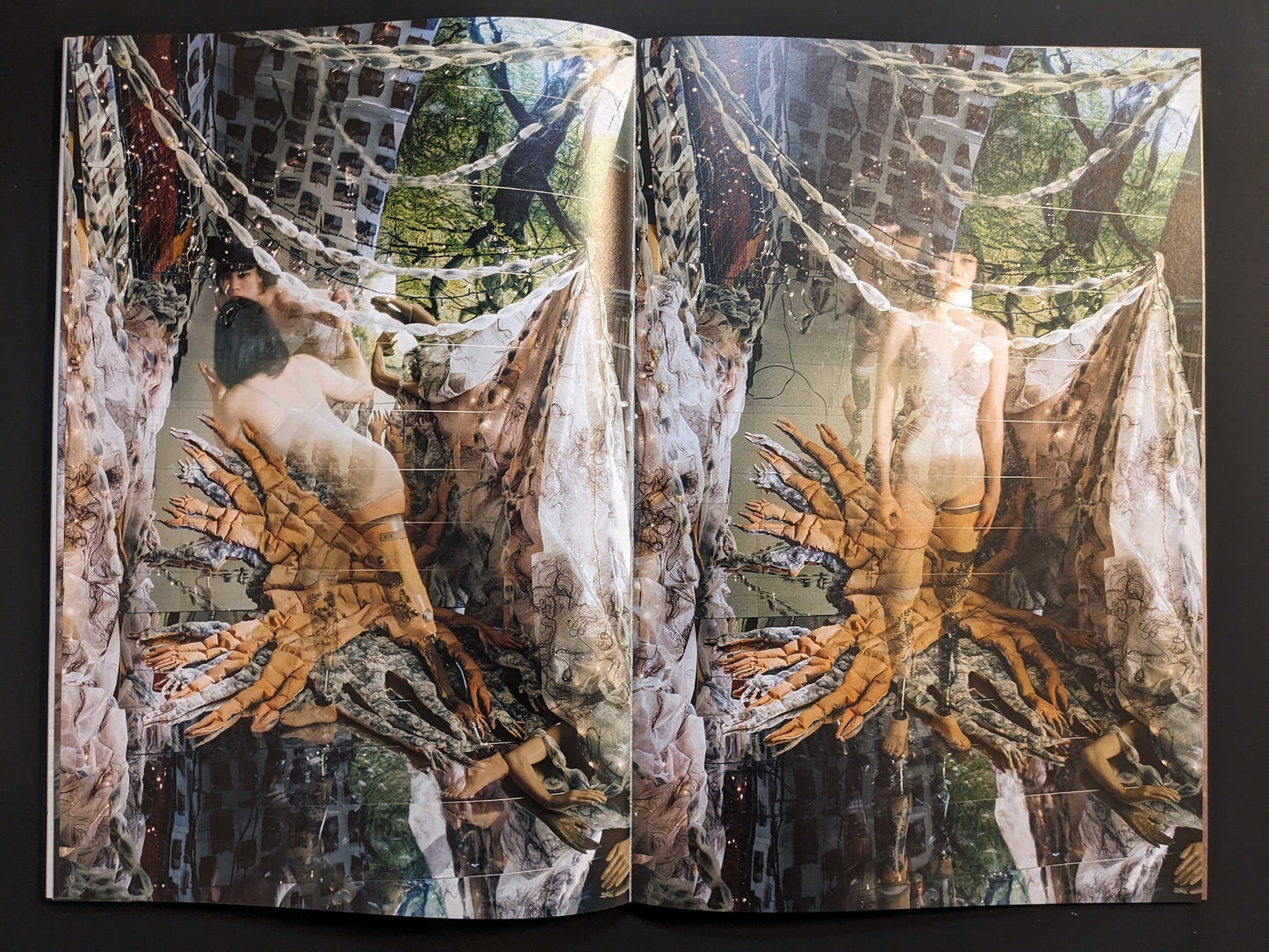 Self-portrait of Mari Katayama integrated into her large-scale textile installation Tree of Life, combining sewn materials and photography.