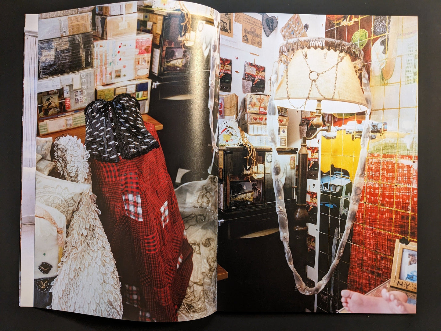 Interior view of Mari Katayama’s studio in Gunma, Japan, filled with artworks, materials, and personal objects.