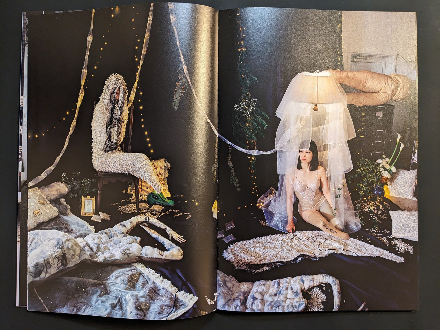 Detail of layered textile installation and sculptural elements in Mari Katayama’s studio, featured in Synthesis.