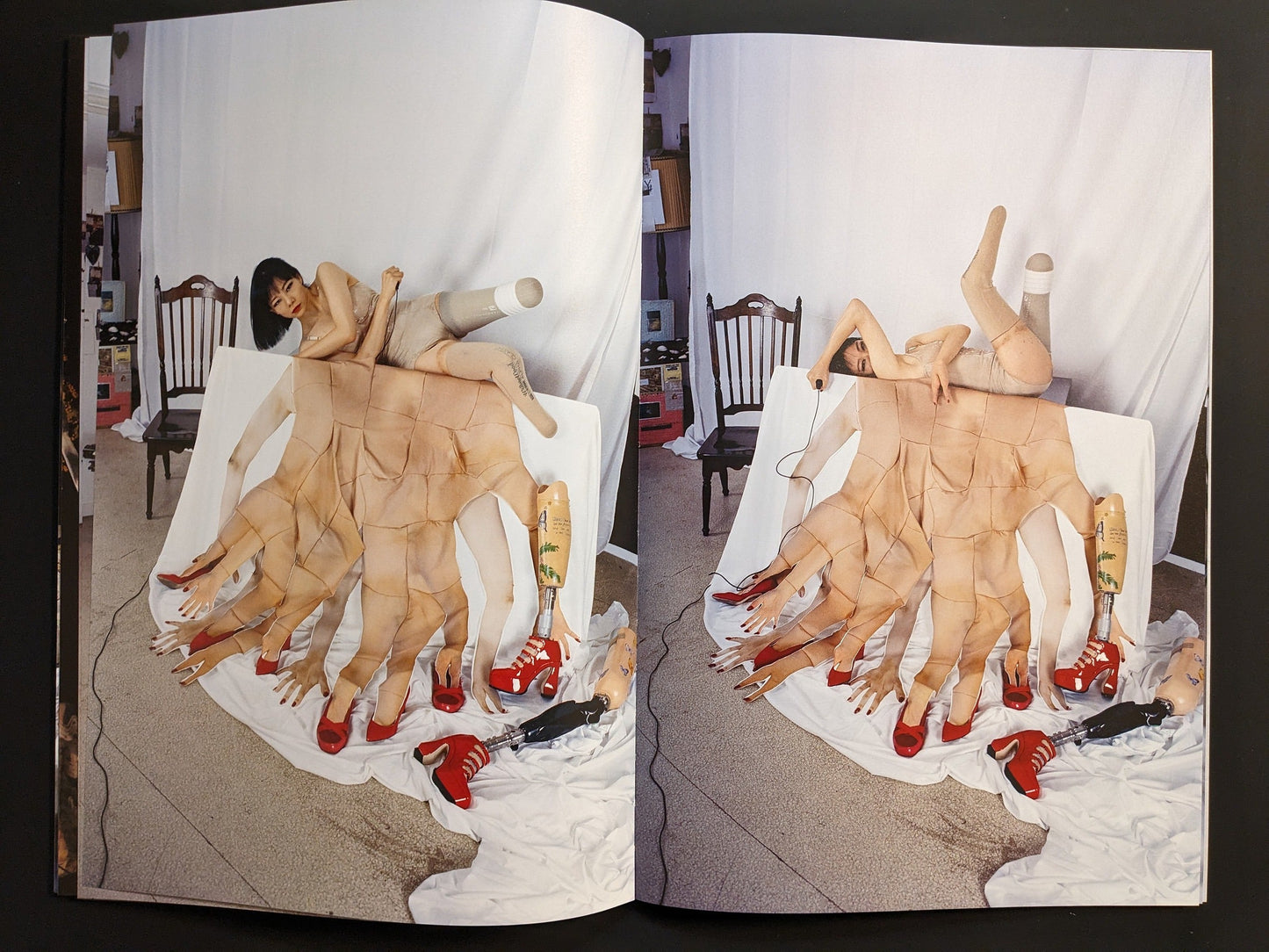 Self-portrait of Mari Katayama with veil and sewn fabric forms, exploring body and transformation.