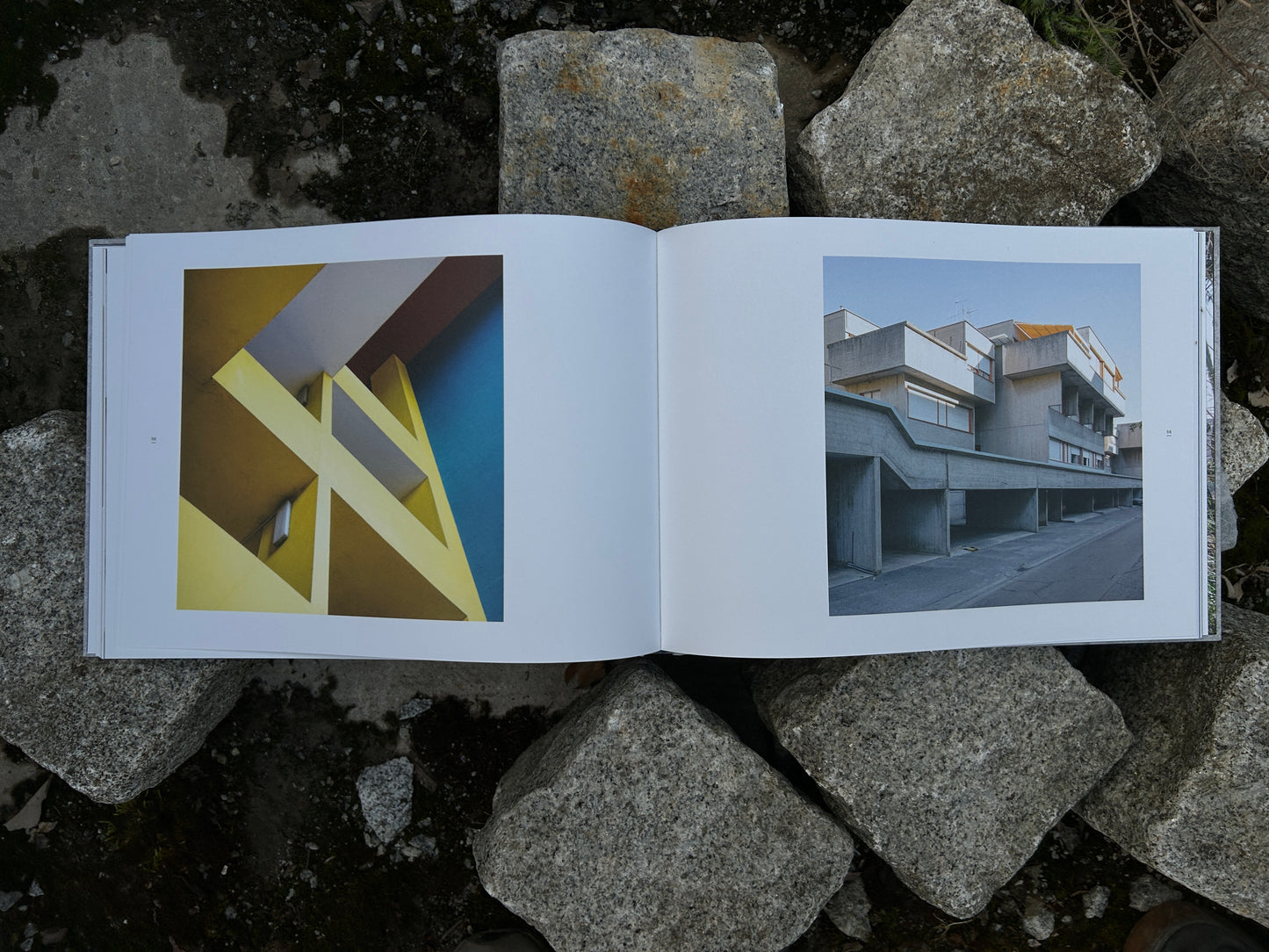 Pages of 'Alveare' by Matthias Heiderich and Andrea Belfi featuring geometric architectural forms and exterior urban housing structures - IIKKI - Lokator100