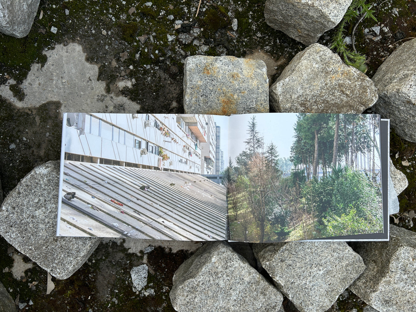 Final pages of 'Alveare' by Matthias Heiderich and Andrea Belfi showing rooftop details and a contrast between urban and natural landscapes - IIKKI - Lokator100