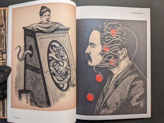 Double-page spread from METAFABLES, with coiled snakes in a vessel and a stitched-mouth portrait.