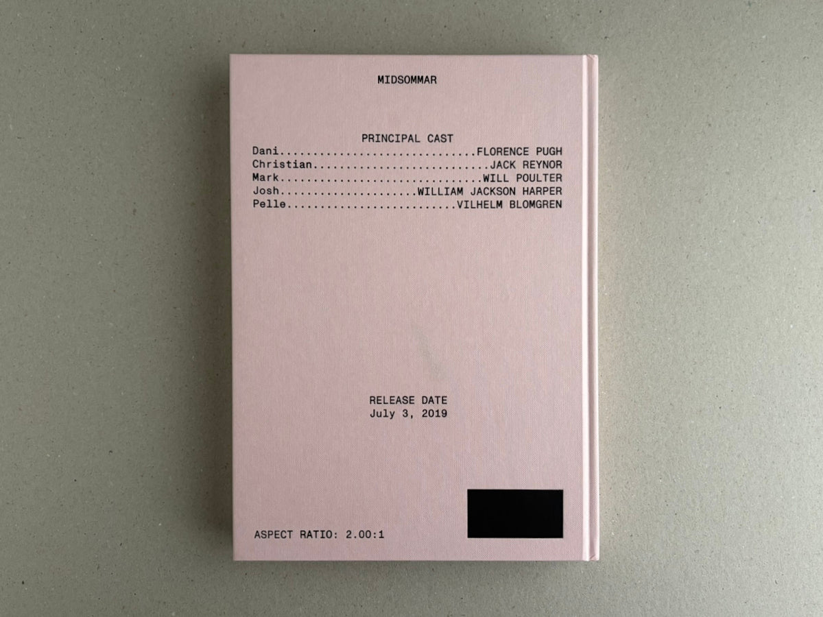 Midsommar screenplay book cover in pale pink, showing cast list text and release date on the front cover.