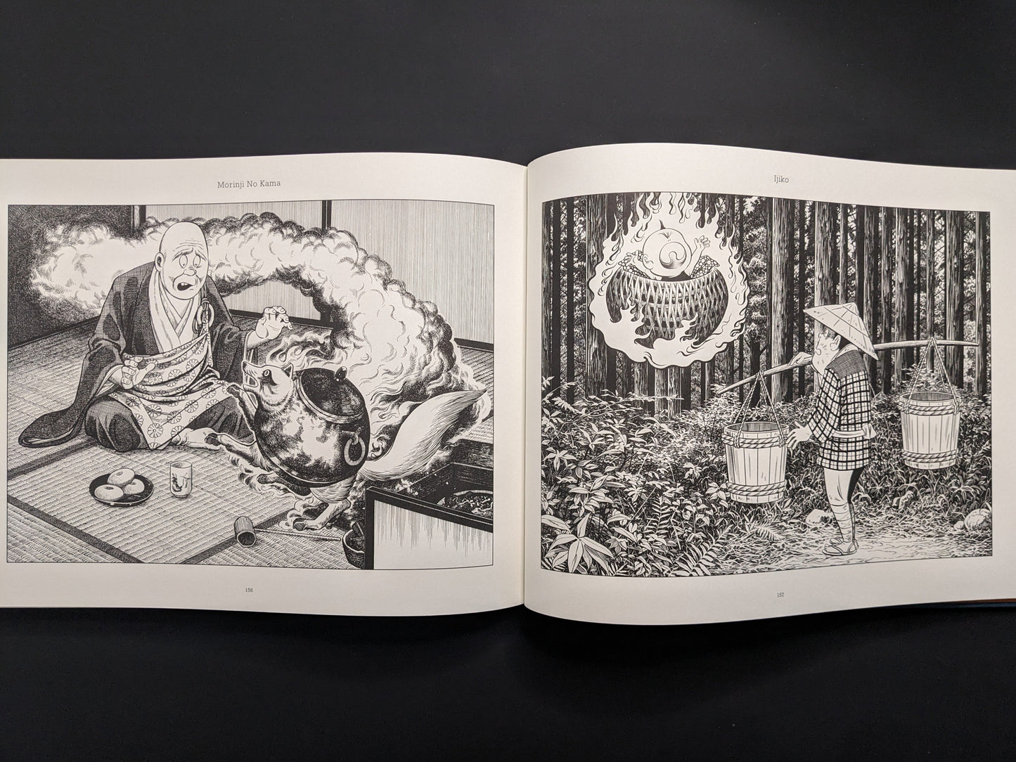 Open book displaying black and white illustrations on a dark background