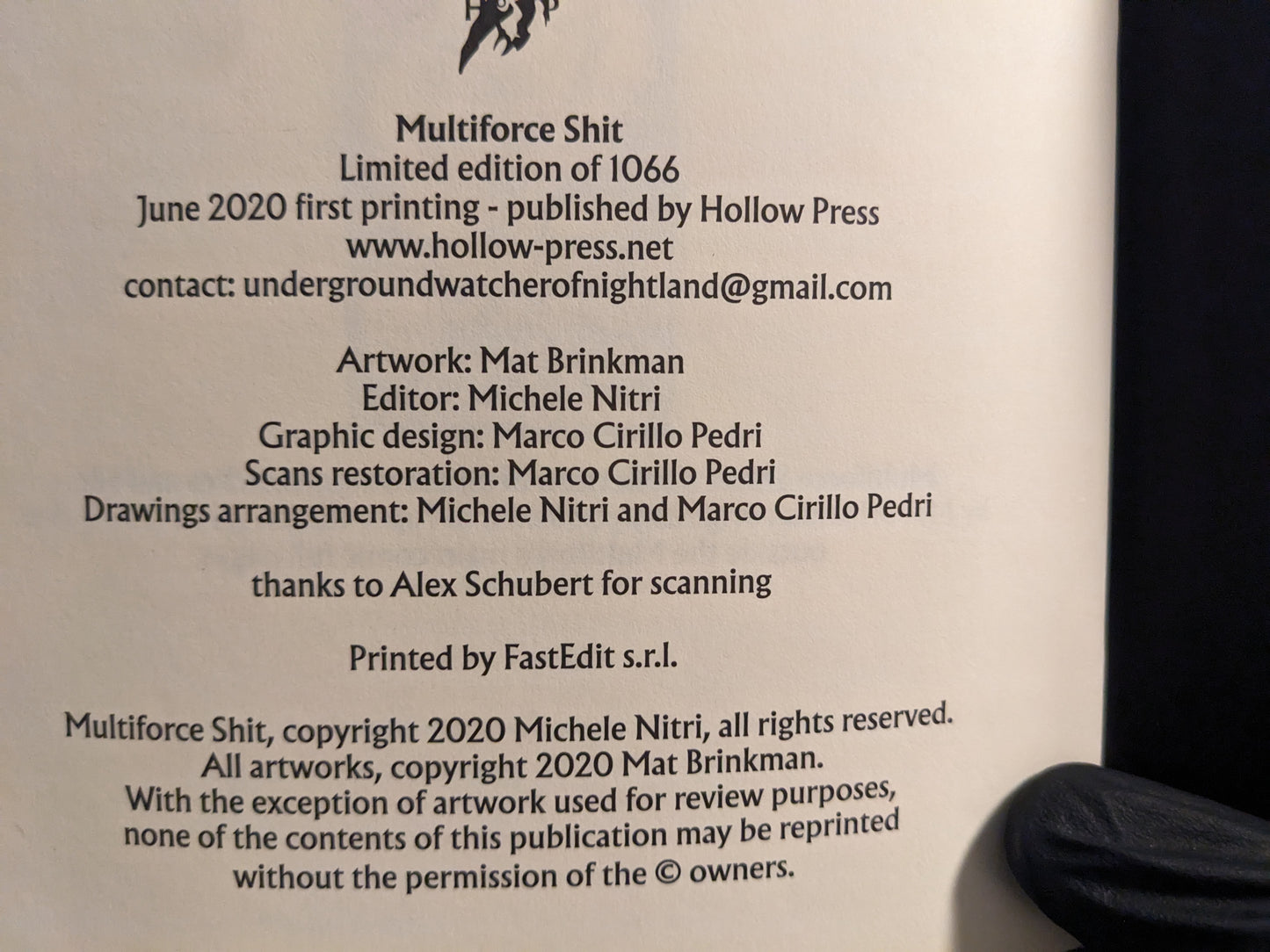Title page and credits of "Multiforce Shit" by Mat Brinkman, Hollow Press 2020 limited edition art zine