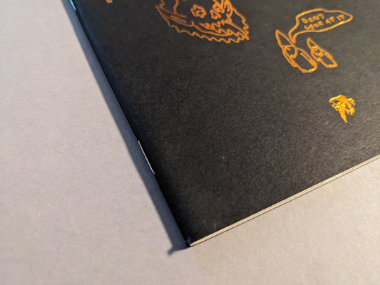 Spine detail of "Multiforce Shit" by Mat Brinkman, Hollow Press edition, stapled binding