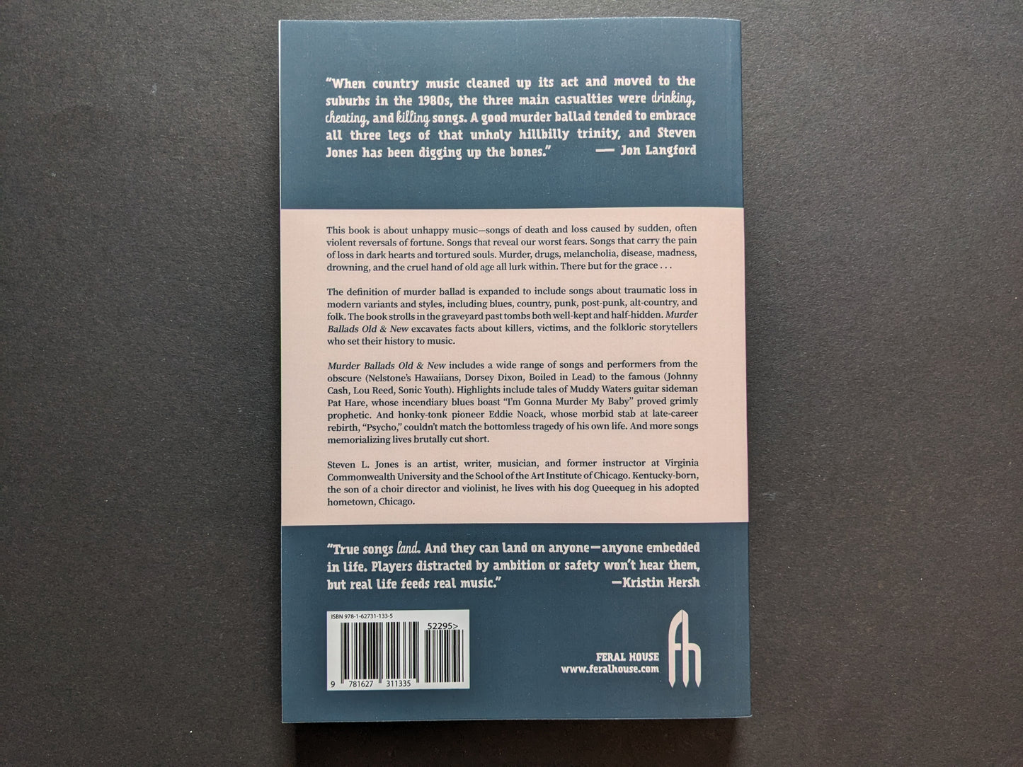 Back cover of Murder Ballads Old & New with synopsis, author bio, and quotes about the dark themes in murder ballad history.