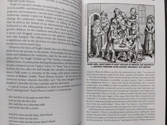 Page showing a 15th-century illustration and text discussing the murder ballad of William of Norwich.