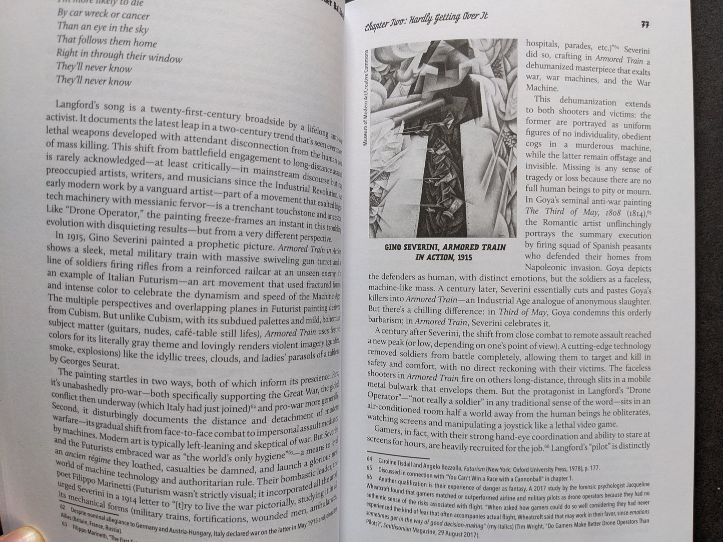 Page with an analysis of Jon Langford’s music and a reproduction of Gino Severini’s Armored Train in Action.