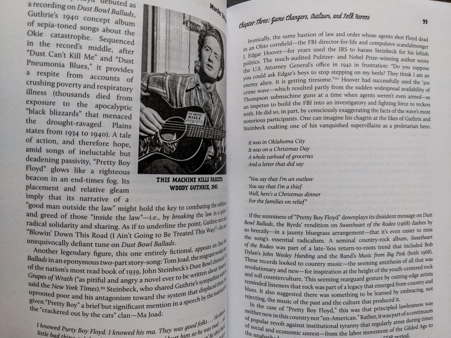 Page featuring an image of Woody Guthrie with his guitar and text about Pretty Boy Floyd and protest music.
