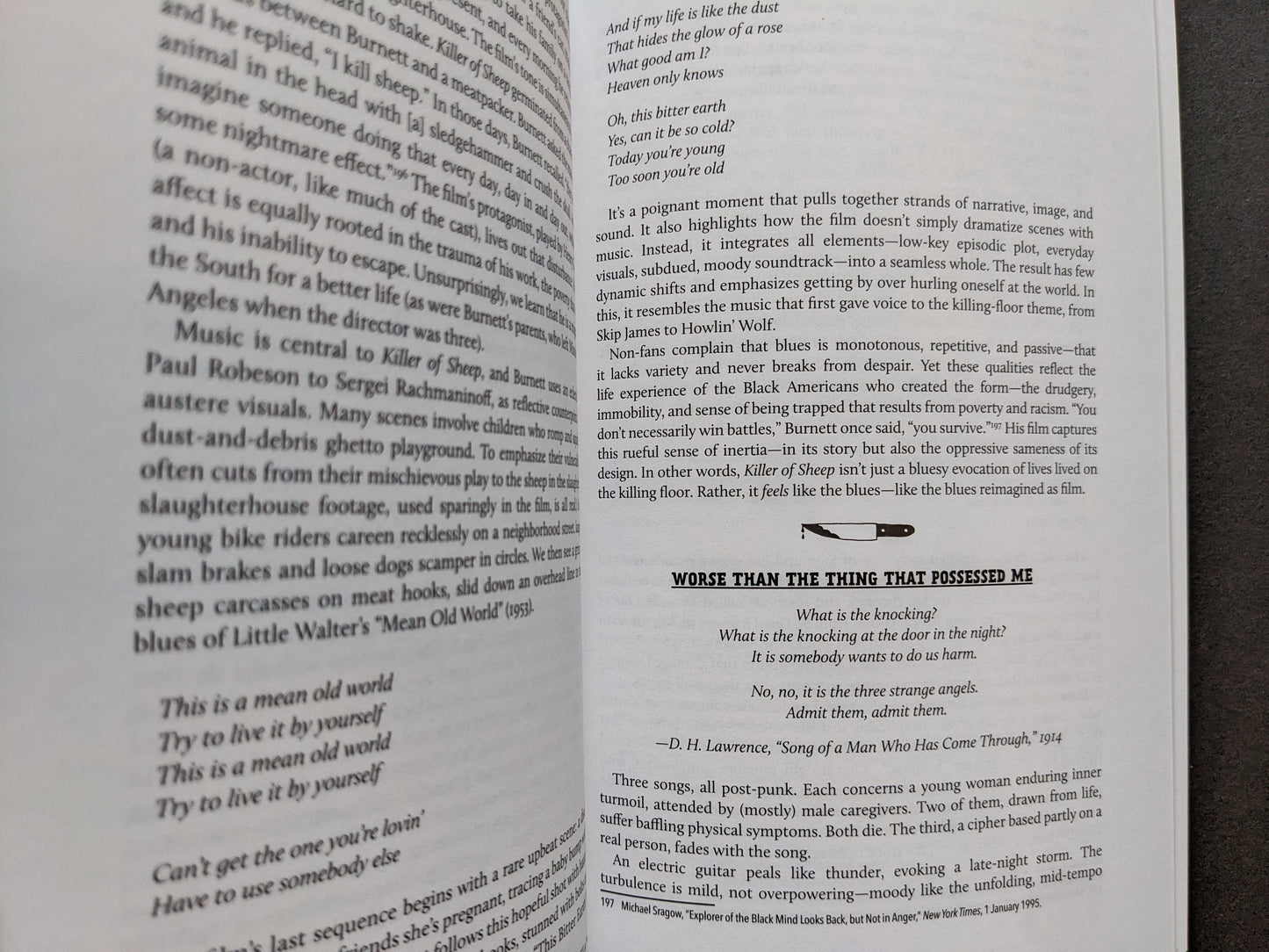 Page titled Worse Than the Thing That Possessed Me exploring blues influences and D.H. Lawrence quotes.