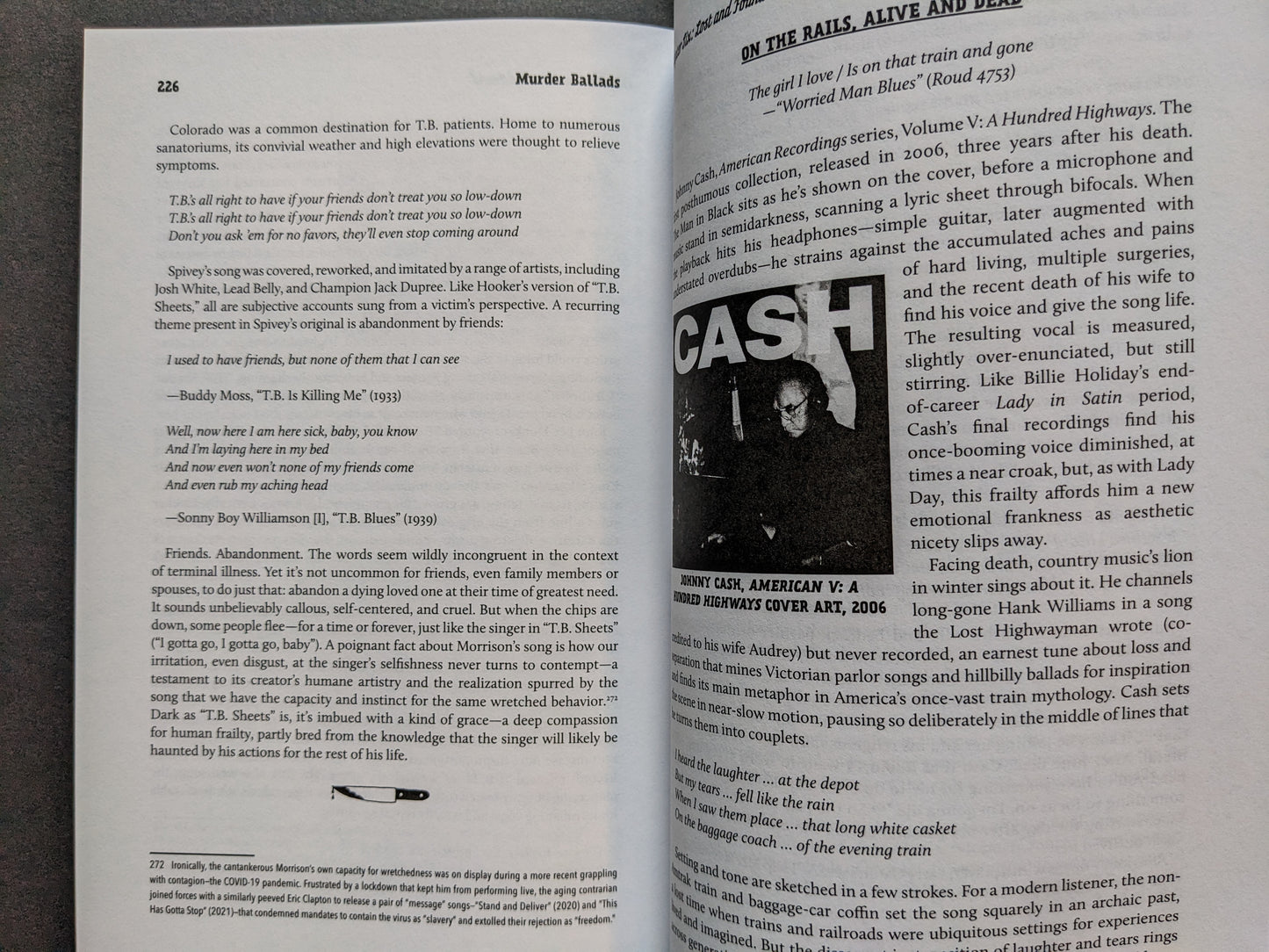 Page discussing tuberculosis-themed blues lyrics and Johnny Cash’s late-career album American V: A Hundred Highways.