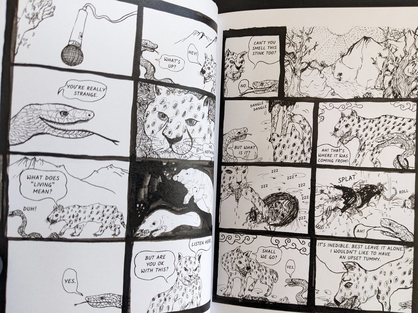 Comic sequence with talking snakes, leopards, and surreal dialogue in a strange forest environment.