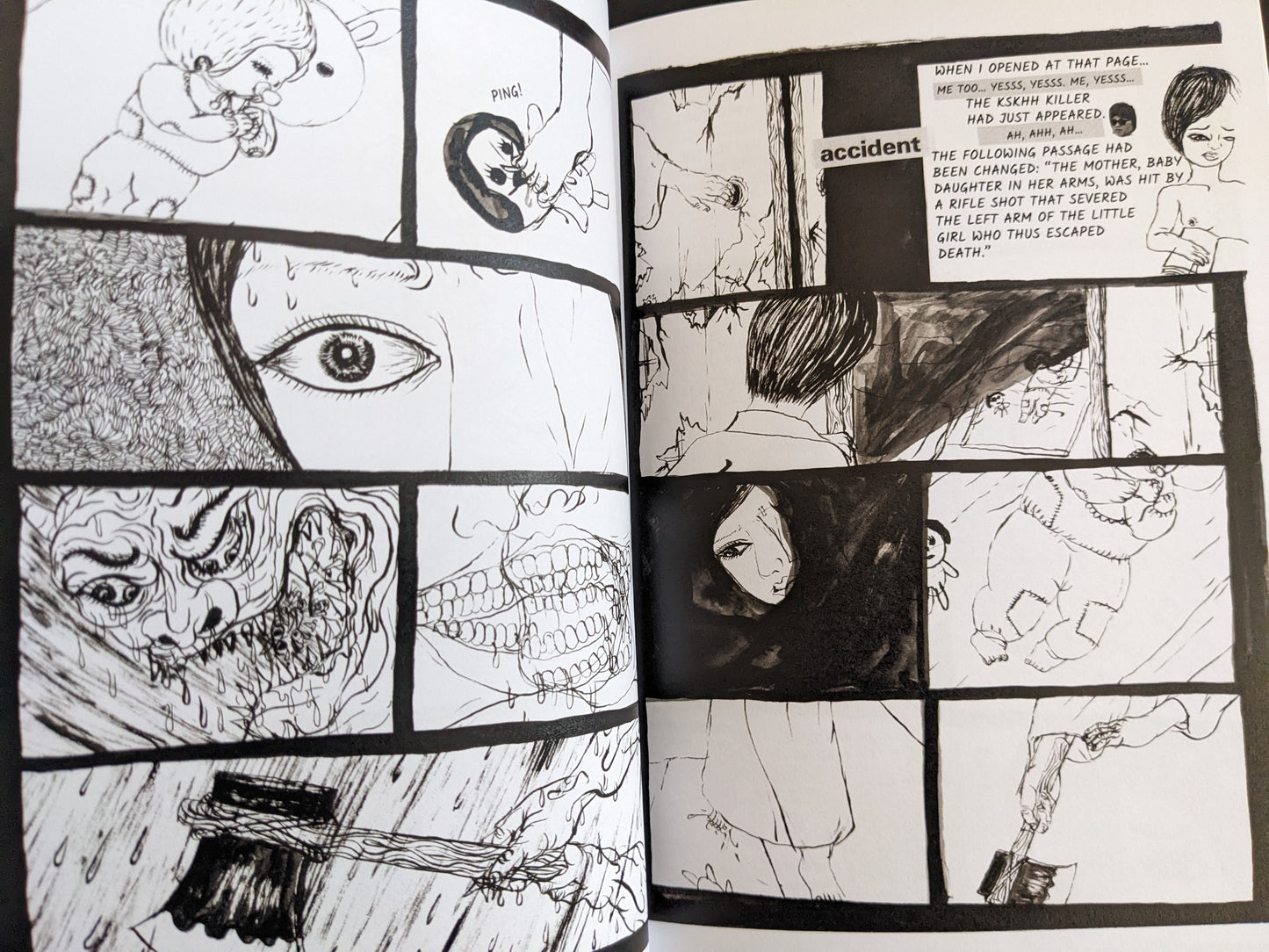 Graphic narrative fragments including close-ups, demonic faces, text overlays, and scenes of death involving an axe.