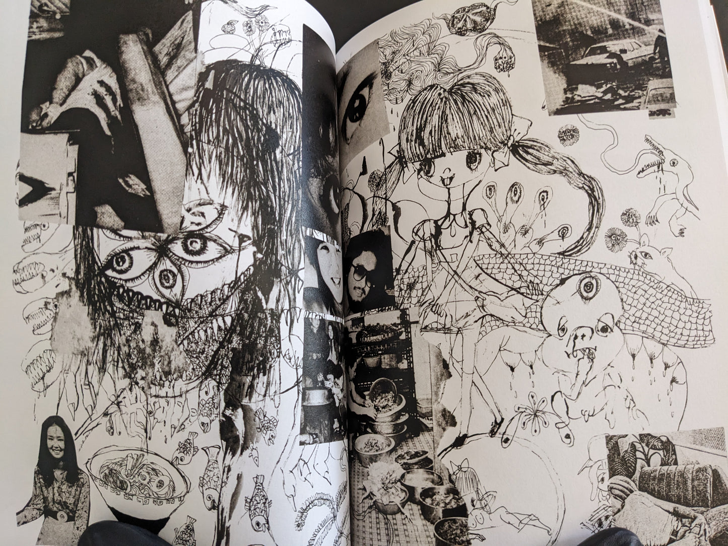 Chaotic collage of mutated figures, girls, eyes, dishes, and surreal motifs in a fragmented black-and-white composition.