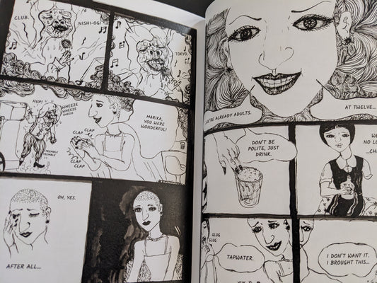 Comic page depicting a surreal nightclub scene with young girls, unsettling expressions, and eerie social dialogue.