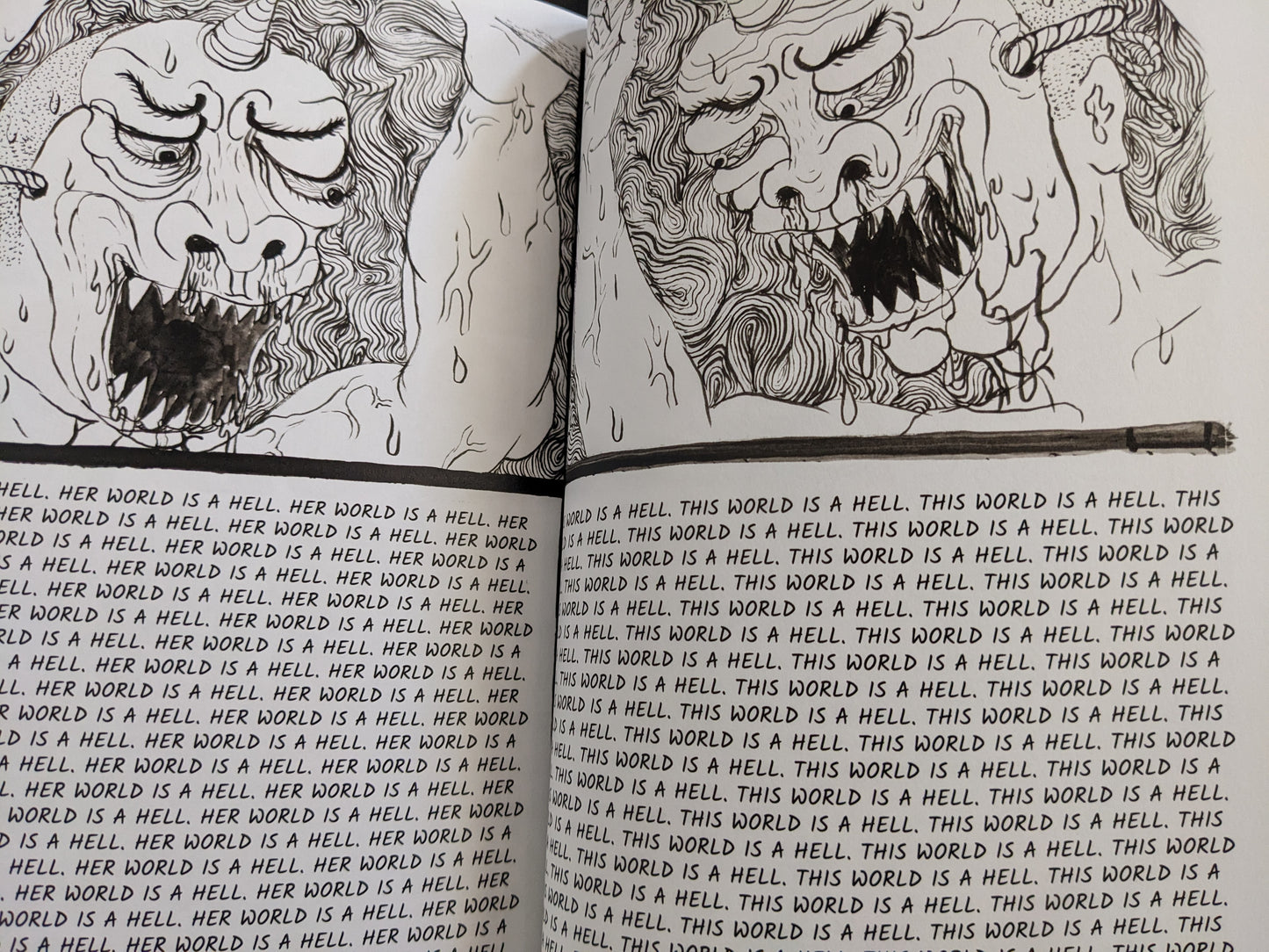 Intense close-ups of grotesque demon faces accompanied by a repetitive text wall: "This world is a hell."