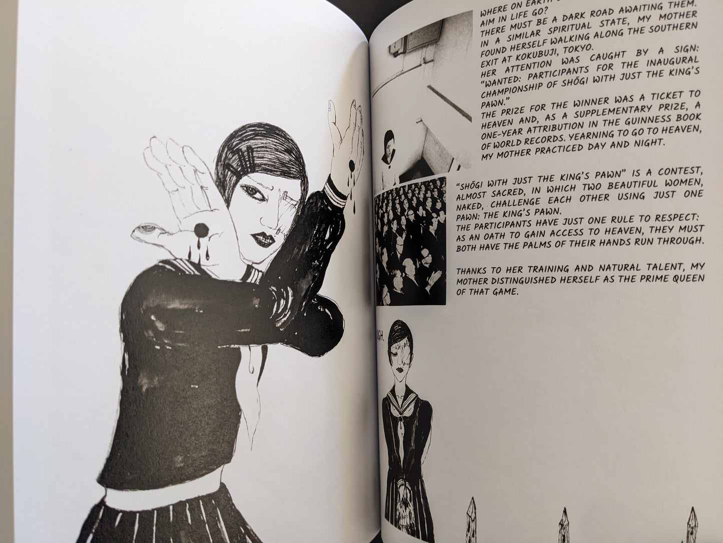 Page with stylized narration about a deadly shogi contest, featuring a schoolgirl making symbolic hand gestures.
