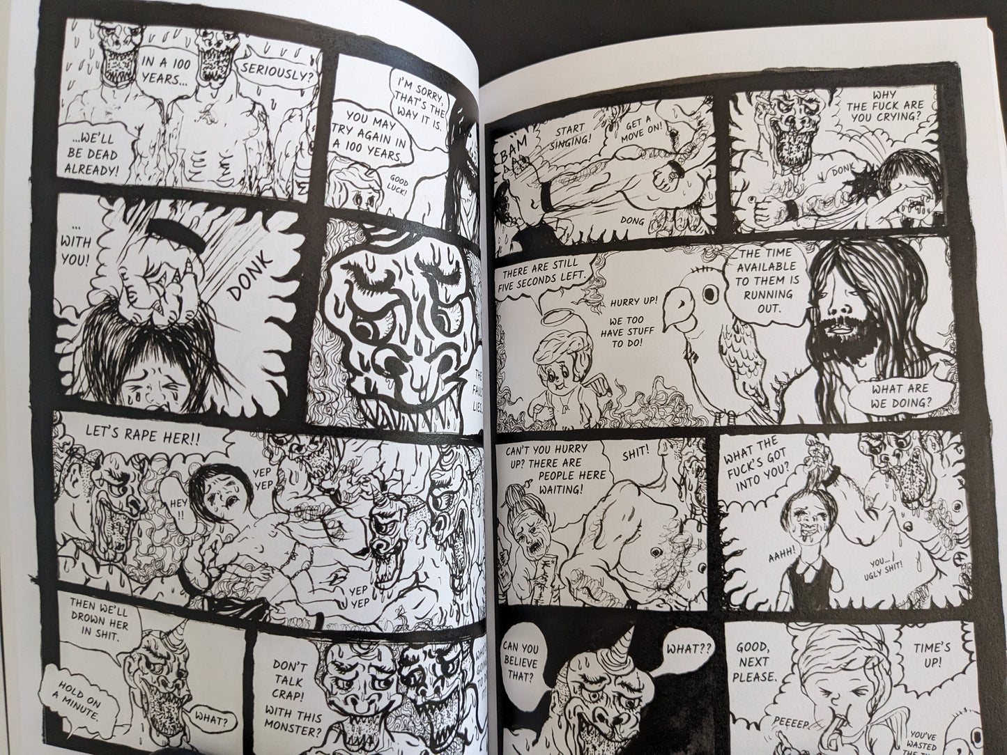 Panel grid with chaotic scenes of violence, grotesque demons, and unsettling dialogue in a dark surrealist tone.